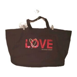 Victoria's Secret LOVE Black Canvas Weekender Tote Beach Shoulder Large Bag